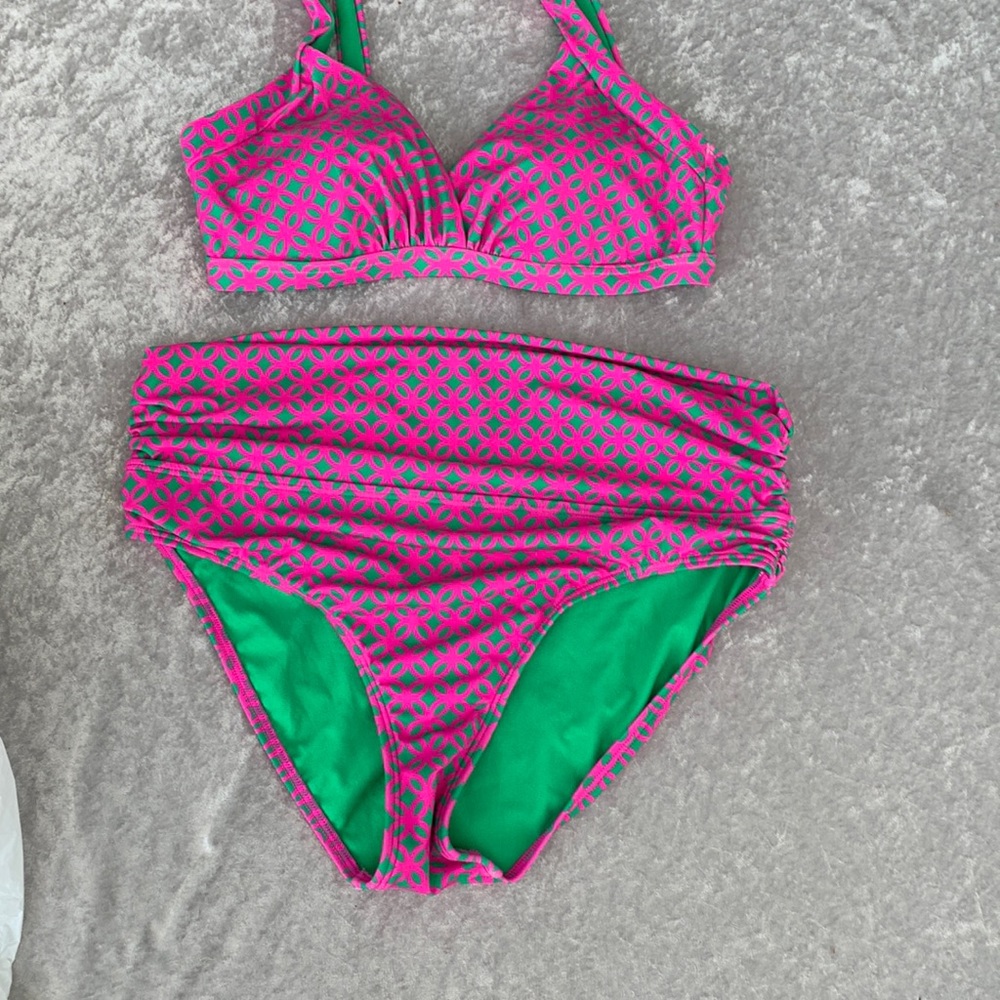 Woman’s hot pink and green Bowlden high waist 2 pc bikini swimsuit 10